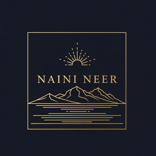 AI Design for “Design a luxury SQUARE logo for NAINI NEER using only thin gold line art.
Inside the square, draw minimal outlines of a calm lake, mountain peaks, and a rising sun using elegant gold linework on a dark navy background.
Place the text NAINI NEER centered inside the square in gold serif typography, perfectly aligned with the illustration.
Style should feel premium, modern, and exclusive. No gradients, no tagline.”