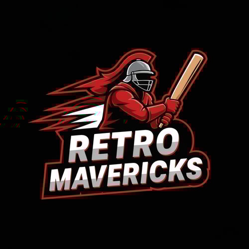 AI Design for Create an aggressive warrior-style cricket team logo for “RETRO MAVERICKS”.
Include a heroic cricket player silhouette or warrior helmet holding a bat.
Add dynamic lines for motion and energy.
Bold lettering with retro flair.
Color palette: red, black, white.
Tournament-grade vector logo, no background.