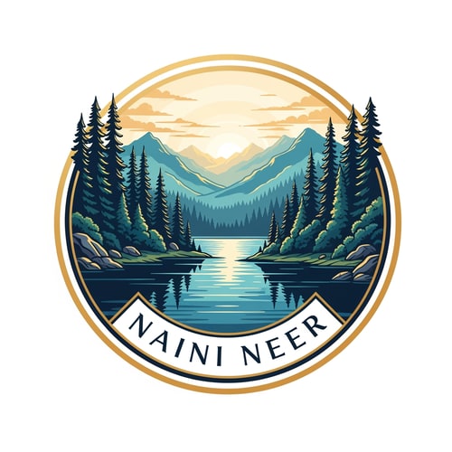 AI Design for “Create a circular badge logo for NAINI NEER featuring a serene nature landscape: a calm lake in the foreground, pine forests on both sides, and layered mountains in the background under a soft sunrise sky. Use premium vector illustration style with smooth shading, clean outlines, and rich natural colors (deep blue, teal, forest green, golden sunlight). Add a double-ring gold border around the circle. Place ‘NAINI NEER’ inside the lower curve in elegant serif font. No tagline.”