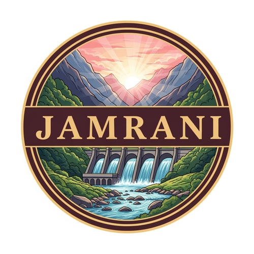 AI Design for “Create a highly detailed circular illustrated logo showing a beautiful valley landscape with a large dam holding crystal-clear water.
Background: tall mountains with pink-orange sunrise.
Mid-ground: dam structure with spillway arches.
Foreground: river with stones and greenery.
Place JAMRANI in bold, premium serif lettering across the center, blended naturally with the scene.
Use smooth gradients, premium shading, and a warm-classic border in gold + deep brown.
No taglines or additional text.”