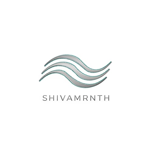 AI Design for “Logo for ‘SHIVAMRNTH’ built from three extremely thin metallic water waves forming a geometric symbol. Clean, scientific, ultra-modern. Aqua-blue micro highlights. Typography very thin, uppercase, silver. Pure white premium background.”
