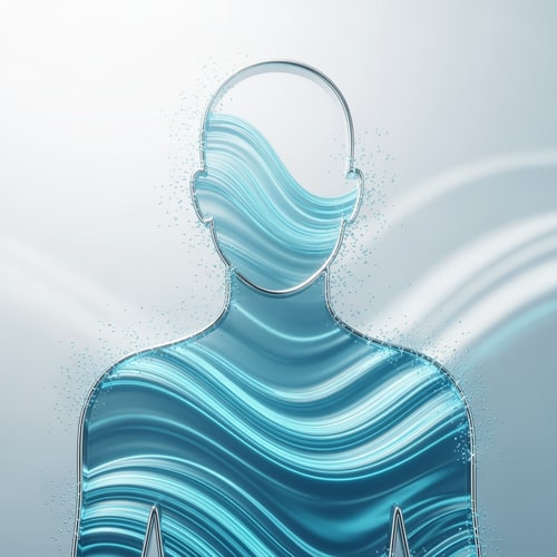 AI Design for “Create a premium minimalistic artwork showing a human silhouette made with thin metallic silver outline, interior filled with ultra-clean glowing aqua-blue water waves. Water waves must be smooth, layered, and slightly transparent. Background must be a soft white-to-light-blue gradient with subtle glass reflections. Add floating micro water particles around the silhouette to show purity. Overall look must feel scientific, calm, balanced, and extremely premium. No bottle, no text, no brand elements — just the visual theme.”