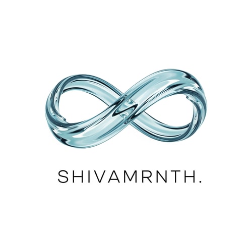 AI Design for “Create a premium logo for ‘SHIVAMRNTH’ using a continuous infinity ribbon made from translucent aqua-blue water. Smooth curves, soft reflections, calm luxury mood. Thin modern typography below. No real droplet shape — abstract, flowing, elegant.”
