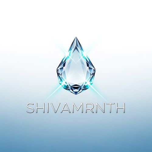AI Design for “Design a high-end logo for ‘SHIVAMRNTH’ featuring a crystal-clear water droplet shaped like a faceted prism. Edges reflect aqua-blue light beams. Subtle micro reflections and ultra-clean glass texture. Typography: thin, modern, silver-grey. Background soft gradient white to ice blue.”