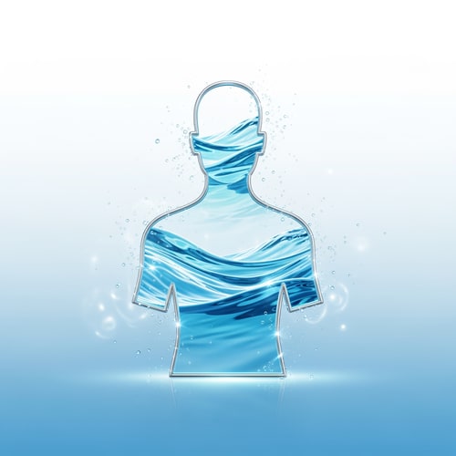 AI Design for “Create a premium minimalistic artwork showing a human silhouette made with thin metallic silver outline, interior filled with ultra-clean glowing aqua-blue water waves. Water waves must be smooth, layered, and slightly transparent. Background must be a soft white-to-light-blue gradient with subtle glass reflections. Add floating micro water particles around the silhouette to show purity. Overall look must feel scientific, calm, balanced, and extremely premium. No bottle, no text, no brand elements — just the visual theme.”