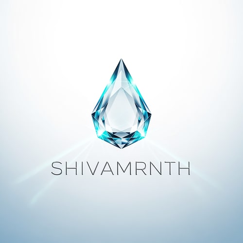 AI Design for “Design a high-end logo for ‘SHIVAMRNTH’ featuring a crystal-clear water droplet shaped like a faceted prism. Edges reflect aqua-blue light beams. Subtle micro reflections and ultra-clean glass texture. Typography: thin, modern, silver-grey. Background soft gradient white to ice blue.”