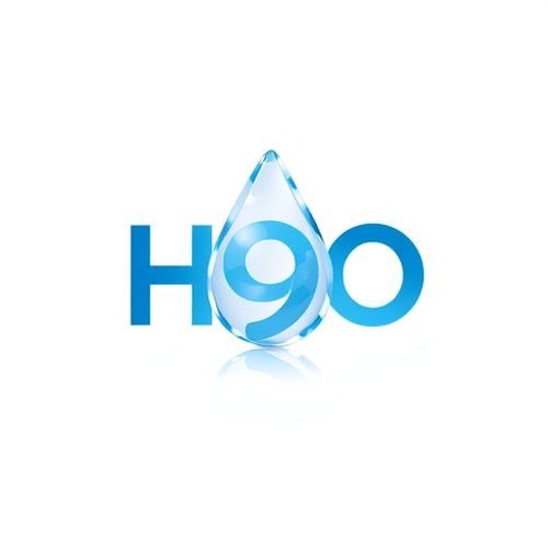 AI Design for Design a premium logo for H9O where the number “9” is stylized as a crystal-clear water droplet, while “H” and “O” remain bold modern letters. Use aqua-blue gradients with subtle reflections to emphasize freshness and purity.