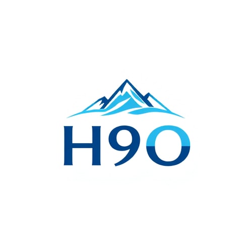 AI Design for Make a natural-inspired logo for H9O with a small mountain peak or flowing spring above the wordmark. The mountain should represent the origin of pure mineral water, paired with cool blue and white tones.
