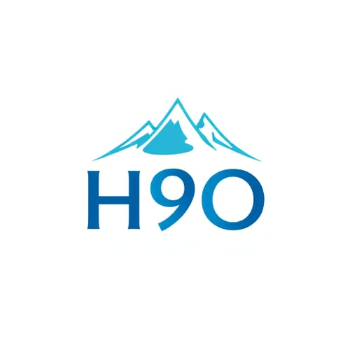AI Design for Make a natural-inspired logo for H9O with a small mountain peak or flowing spring above the wordmark. The mountain should represent the origin of pure mineral water, paired with cool blue and white tones.