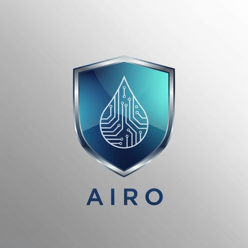 AI Design for Design a shield-shaped emblem logo for AIRO, representing protection and water purity. Inside the shield, form a droplet using AI circuit traces or digital lines. The logo should look like a premium badge, symbolizing trust and advanced purification technology. Use metallic blue, chrome silver, and aqua gradients. The vibe should be safe, powerful, and cutting-edge.
