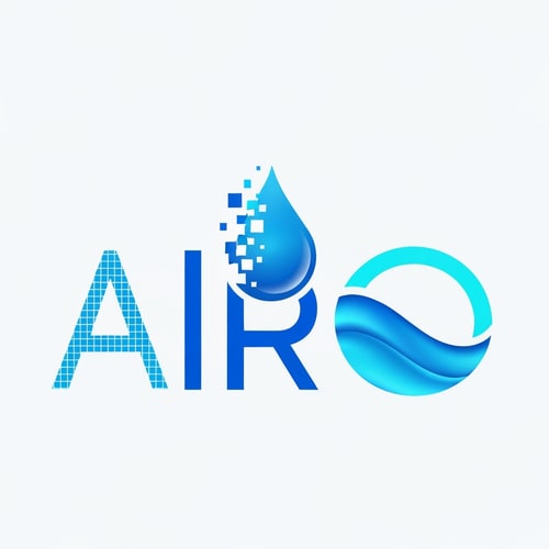 AI Design for Create a creative and digital-style logo for AIRO. The design should feature pixel fragments merging into a smooth water droplet, symbolizing how data and AI integrate to create pure water. The typography should be modern and sans-serif, with the “AI” part highlighted using a digital pixel grid effect and the “RO” part in a fluid wave style. Colors: electric blue, cyan, and white. Style: digital, modern, minimal.