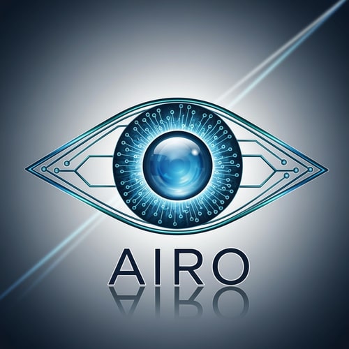 AI Design for Design a conceptual eye-shaped logo for AIRO, where the iris is formed by a blue water droplet surrounded by AI circuit lines. The logo should symbolize “AI Vision for Purity” — intelligent water monitoring and quality assurance. Use metallic blue, teal, and white color tones with subtle reflections. The design must appear futuristic, spiritual, and clean, blending the ideas of technology and purity.