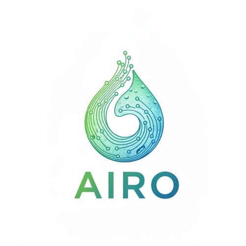 AI Design for Generate a logo for AIRO that merges neural network design with nature-inspired water symbolism. Use flowing AI neural lines forming the shape of a droplet or wave, representing the intelligence of nature. The mood should be eco-tech — blending artificial intelligence with natural purity. Use greenish-aqua gradients, soft metallic blue, and transparent water textures. Make it smooth, organic, and high-tech.