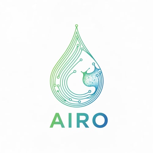 AI Design for Generate a logo for AIRO that merges neural network design with nature-inspired water symbolism. Use flowing AI neural lines forming the shape of a droplet or wave, representing the intelligence of nature. The mood should be eco-tech — blending artificial intelligence with natural purity. Use greenish-aqua gradients, soft metallic blue, and transparent water textures. Make it smooth, organic, and high-tech.