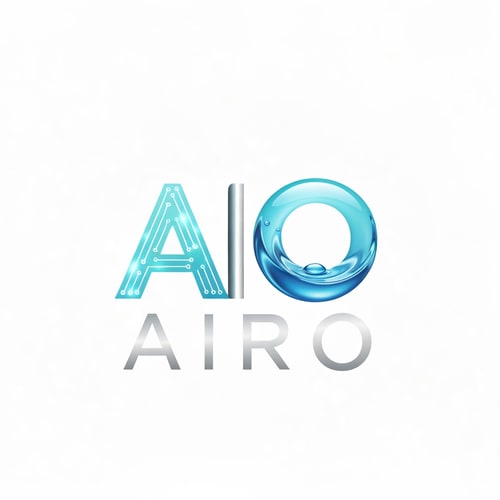 AI Design for Generate a futuristic logo for a brand named AIRO, combining AI (Artificial Intelligence) and RO (Reverse Osmosis Water Technology). The logo should have smooth, modern typography with the letter “A” designed using a glowing AI circuit pattern and the “O” shaped like a transparent blue water droplet creating ripple waves. Use shades of aqua blue, white, and metallic silver to convey purity and technology. The overall design should look intelligent, minimal, and futuristic — perfect for a smart water purification brand.