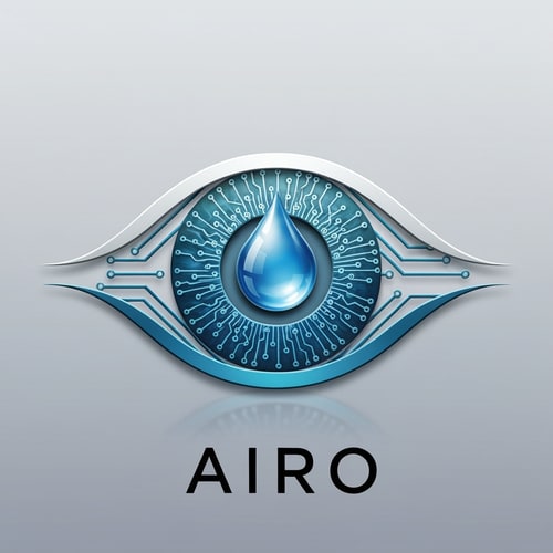 AI Design for Design a conceptual eye-shaped logo for AIRO, where the iris is formed by a blue water droplet surrounded by AI circuit lines. The logo should symbolize “AI Vision for Purity” — intelligent water monitoring and quality assurance. Use metallic blue, teal, and white color tones with subtle reflections. The design must appear futuristic, spiritual, and clean, blending the ideas of technology and purity.