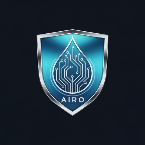 AI Design for Design a shield-shaped emblem logo for AIRO, representing protection and water purity. Inside the shield, form a droplet using AI circuit traces or digital lines. The logo should look like a premium badge, symbolizing trust and advanced purification technology. Use metallic blue, chrome silver, and aqua gradients. The vibe should be safe, powerful, and cutting-edge.