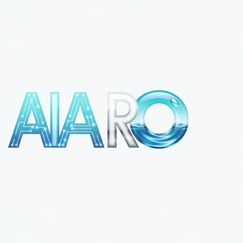 AI Design for Generate a futuristic logo for a brand named AIRO, combining AI (Artificial Intelligence) and RO (Reverse Osmosis Water Technology). The logo should have smooth, modern typography with the letter “A” designed using a glowing AI circuit pattern and the “O” shaped like a transparent blue water droplet creating ripple waves. Use shades of aqua blue, white, and metallic silver to convey purity and technology. The overall design should look intelligent, minimal, and futuristic — perfect for a smart water purification brand.
