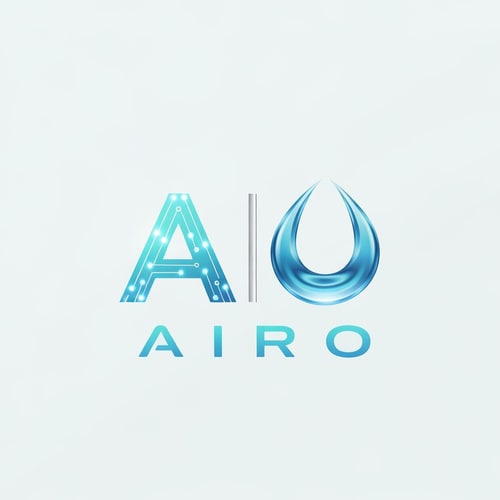 AI Design for Generate a futuristic logo for a brand named AIRO, combining AI (Artificial Intelligence) and RO (Reverse Osmosis Water Technology). The logo should have smooth, modern typography with the letter “A” designed using a glowing AI circuit pattern and the “O” shaped like a transparent blue water droplet creating ripple waves. Use shades of aqua blue, white, and metallic silver to convey purity and technology. The overall design should look intelligent, minimal, and futuristic — perfect for a smart water purification brand.
