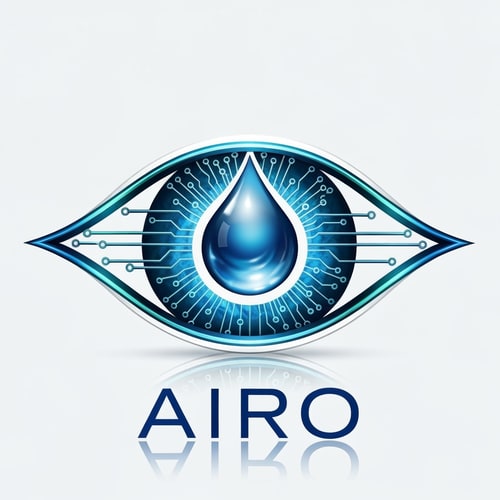 AI Design for Design a conceptual eye-shaped logo for AIRO, where the iris is formed by a blue water droplet surrounded by AI circuit lines. The logo should symbolize “AI Vision for Purity” — intelligent water monitoring and quality assurance. Use metallic blue, teal, and white color tones with subtle reflections. The design must appear futuristic, spiritual, and clean, blending the ideas of technology and purity.