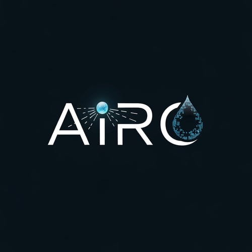 AI Design for Wordmark “AIRO” in a sharp, modern sans-serif font. The dot on “I” is replaced with a glowing orb emitting fine linear rays that connect smoothly to the “O.” The “O” is shaped as a small droplet with digital texture. Style: sleek, minimal, tech-driven.