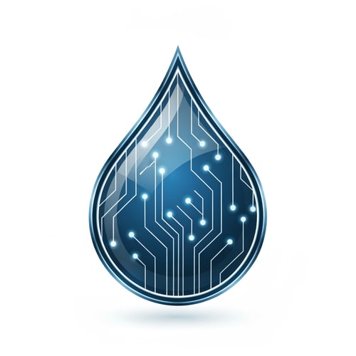 AI Design for A futuristic water droplet built from interconnected circuit lines forming a neural mesh inside. The outline is metallic blue with gradient reflections like glass and chrome. The internal lines glow softly, symbolizing AI control and data flow. Background clean white or transparent for vector clarity.