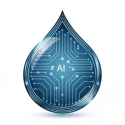 AI Design for A futuristic water droplet built from interconnected circuit lines forming a neural mesh inside. The outline is metallic blue with gradient reflections like glass and chrome. The internal lines glow softly, symbolizing AI control and data flow. Background clean white or transparent for vector clarity.
