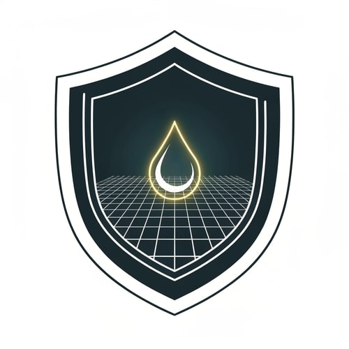 AI Design for A solid, symmetrical shield outline. Inside, a central glowing droplet sits on a digital grid background. The outer shield has a thin metallic stroke to convey reliability. Represents AI-powered protection and water purity assurance.