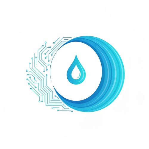 AI Design for Two flowing curved lines forming an infinity loop, merging into a droplet at the center. The left side made of AI circuit traces, the right side smooth water waves — showing balance of technology and nature. Blue-cyan dual gradient for life and flow.