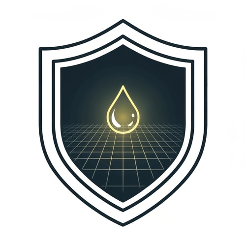 AI Design for A solid, symmetrical shield outline. Inside, a central glowing droplet sits on a digital grid background. The outer shield has a thin metallic stroke to convey reliability. Represents AI-powered protection and water purity assurance.