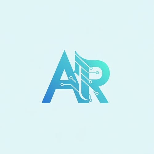 AI Design for A geometric symbol combining “A” and “R” in a single monogram. The right leg of “A” curves into a droplet. Thin AI circuit lines flow through the shape, connecting both letters. Gradient color from sky-blue to aqua. Vector lines kept clean for scalability.