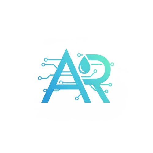 AI Design for A geometric symbol combining “A” and “R” in a single monogram. The right leg of “A” curves into a droplet. Thin AI circuit lines flow through the shape, connecting both letters. Gradient color from sky-blue to aqua. Vector lines kept clean for scalability.