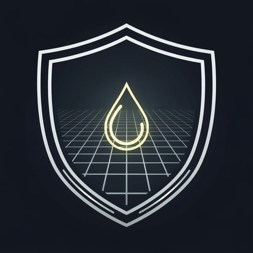 AI Design for A solid, symmetrical shield outline. Inside, a central glowing droplet sits on a digital grid background. The outer shield has a thin metallic stroke to convey reliability. Represents AI-powered protection and water purity assurance.
