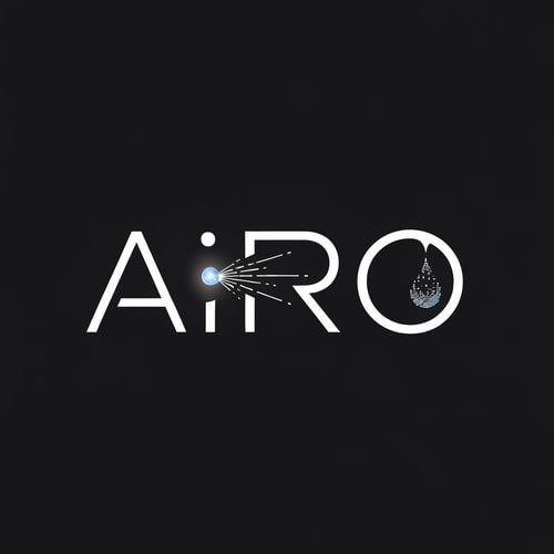 AI Design for Wordmark “AIRO” in a sharp, modern sans-serif font. The dot on “I” is replaced with a glowing orb emitting fine linear rays that connect smoothly to the “O.” The “O” is shaped as a small droplet with digital texture. Style: sleek, minimal, tech-driven.