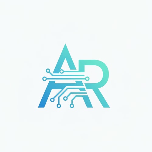 AI Design for A geometric symbol combining “A” and “R” in a single monogram. The right leg of “A” curves into a droplet. Thin AI circuit lines flow through the shape, connecting both letters. Gradient color from sky-blue to aqua. Vector lines kept clean for scalability.