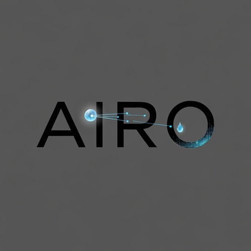 AI Design for Wordmark “AIRO” in a sharp, modern sans-serif font. The dot on “I” is replaced with a glowing orb emitting fine linear rays that connect smoothly to the “O.” The “O” is shaped as a small droplet with digital texture. Style: sleek, minimal, tech-driven.