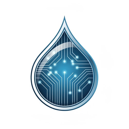 AI Design for A futuristic water droplet built from interconnected circuit lines forming a neural mesh inside. The outline is metallic blue with gradient reflections like glass and chrome. The internal lines glow softly, symbolizing AI control and data flow. Background clean white or transparent for vector clarity.