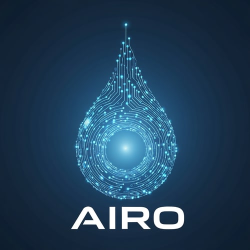 AI Design for A sleek metallic-blue water droplet made of micro digital nodes and light circuits, glowing softly from the core. The typography “AIRO” is futuristic sans-serif in white. The “O” contains the droplet with subtle gradient light. Represents AI-powered control of water purity.