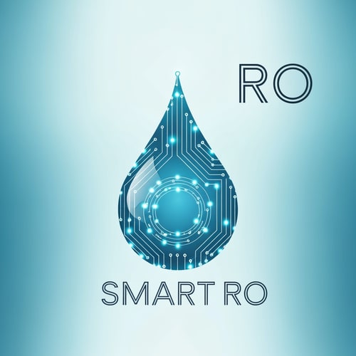 AI Design for A clean blue water droplet formed by fine digital circuit lines and glowing nodes. Text “SMART RO” in bold geometric sans-serif font. The “O” encloses the droplet. Metallic aqua and silver palette. Represents automation and intelligence in RO technology.