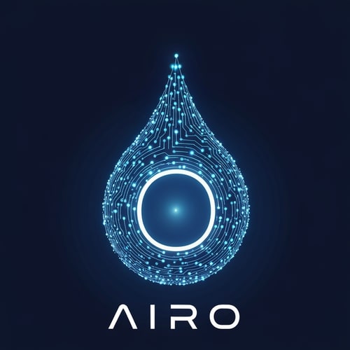 AI Design for A sleek metallic-blue water droplet made of micro digital nodes and light circuits, glowing softly from the core. The typography “AIRO” is futuristic sans-serif in white. The “O” contains the droplet with subtle gradient light. Represents AI-powered control of water purity.