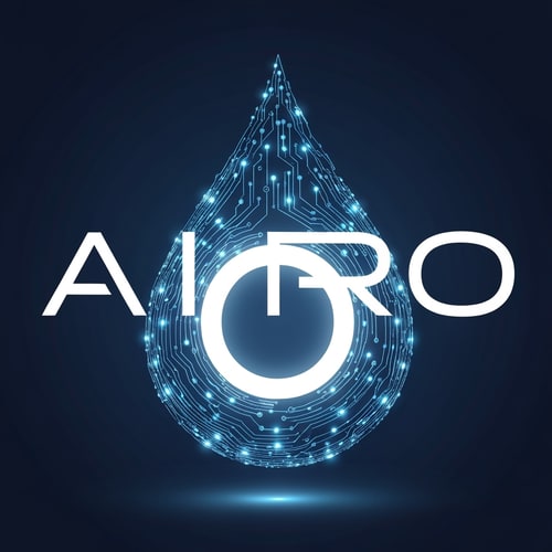 AI Design for A sleek metallic-blue water droplet made of micro digital nodes and light circuits, glowing softly from the core. The typography “AIRO” is futuristic sans-serif in white. The “O” contains the droplet with subtle gradient light. Represents AI-powered control of water purity.