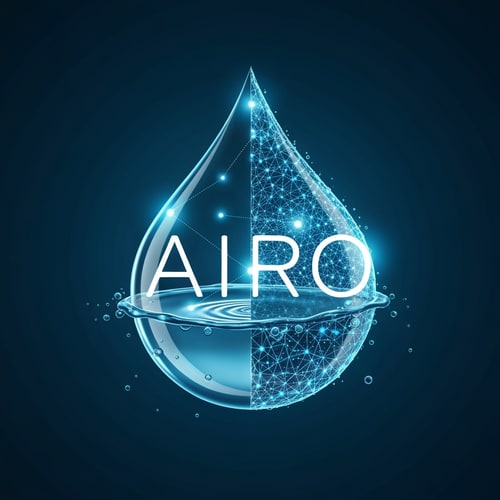AI Design for A fluid droplet divided into two halves — left side clean transparent blue water, right side digital neural mesh. “AIRO” text in modern rounded font, with small glowing dots connecting the “I” and droplet to show intelligent flow automation.