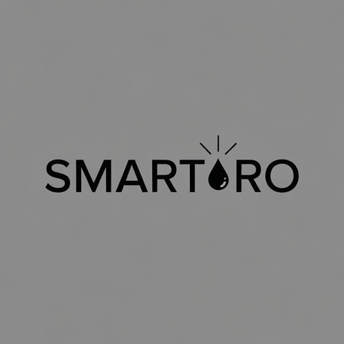 AI Design for Wordmark “SMART RO” in a sharp modern sans-serif font. The dot in the letter “R” replaced with a glowing orb emitting thin linear rays connecting toward the “O,” which forms a small droplet. Style minimal, tech-driven, ready for foil or laser engraving.
