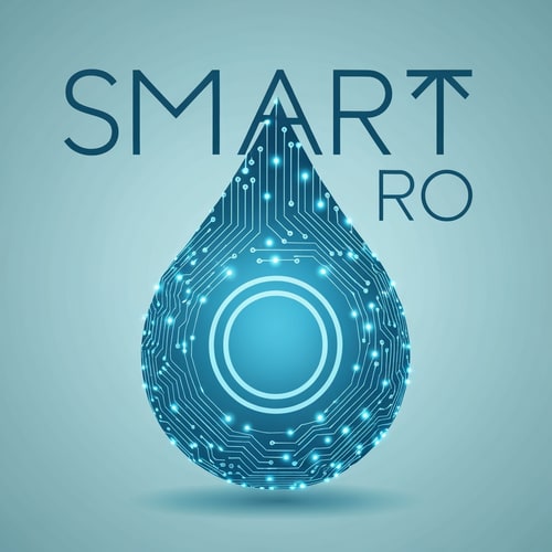 AI Design for A clean blue water droplet formed by fine digital circuit lines and glowing nodes. Text “SMART RO” in bold geometric sans-serif font. The “O” encloses the droplet. Metallic aqua and silver palette. Represents automation and intelligence in RO technology.
