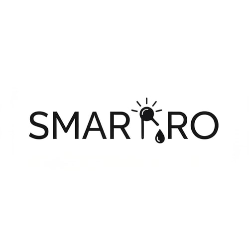 AI Design for Wordmark “SMART RO” in a sharp modern sans-serif font. The dot in the letter “R” replaced with a glowing orb emitting thin linear rays connecting toward the “O,” which forms a small droplet. Style minimal, tech-driven, ready for foil or laser engraving.