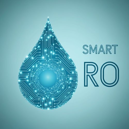 AI Design for A clean blue water droplet formed by fine digital circuit lines and glowing nodes. Text “SMART RO” in bold geometric sans-serif font. The “O” encloses the droplet. Metallic aqua and silver palette. Represents automation and intelligence in RO technology.