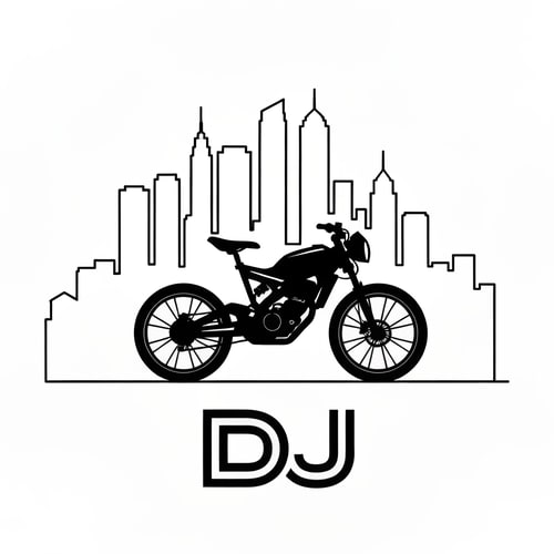 AI Design for Combine city skyline outline with a street bike silhouette and “DJ” written underneath in bold techno font. Represents both city and adventure rides.
