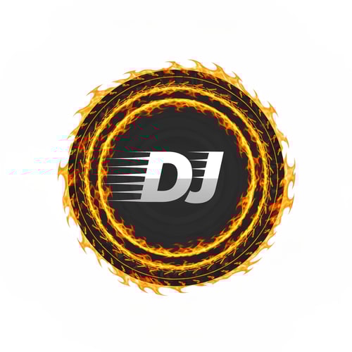 AI Design for A flaming tire outline forms the circular frame of the logo. “DJ” sits inside with dynamic motion blur. Colors: fiery orange, black, and grey.