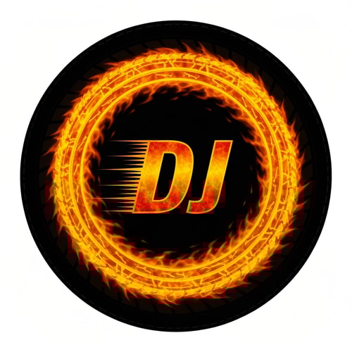 AI Design for A flaming tire outline forms the circular frame of the logo. “DJ” sits inside with dynamic motion blur. Colors: fiery orange, black, and grey.
