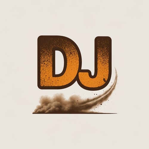 AI Design for “DJ” written in bold, rough-textured font with a dust trail flying off it, as if a dirt bike just accelerated past. Brown, orange, and grey theme.